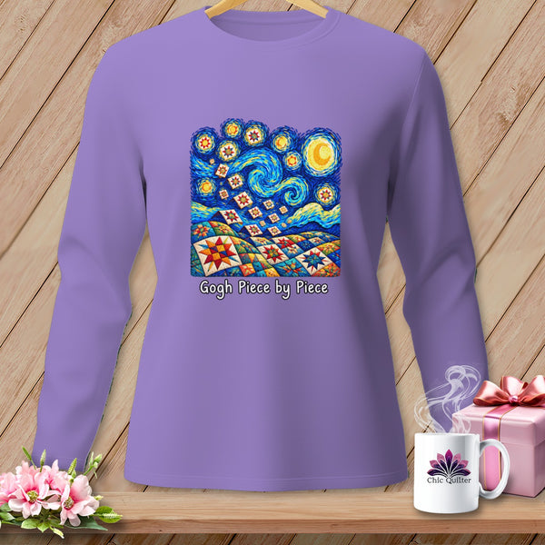 Purple long-sleeve shirt with Van Gogh Starry Night quilt design and text "Gogh Piece by Piece".