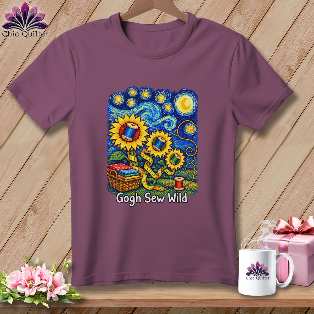T-shirt with Van Gogh-inspired sunflowers, spools of thread, and sewing basket.