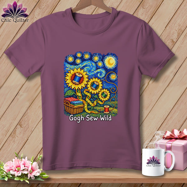 T-shirt with Van Gogh-inspired sunflowers, spools of thread, and sewing basket.