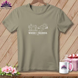Taupe t-shirt with sewing machine, mountains, and 