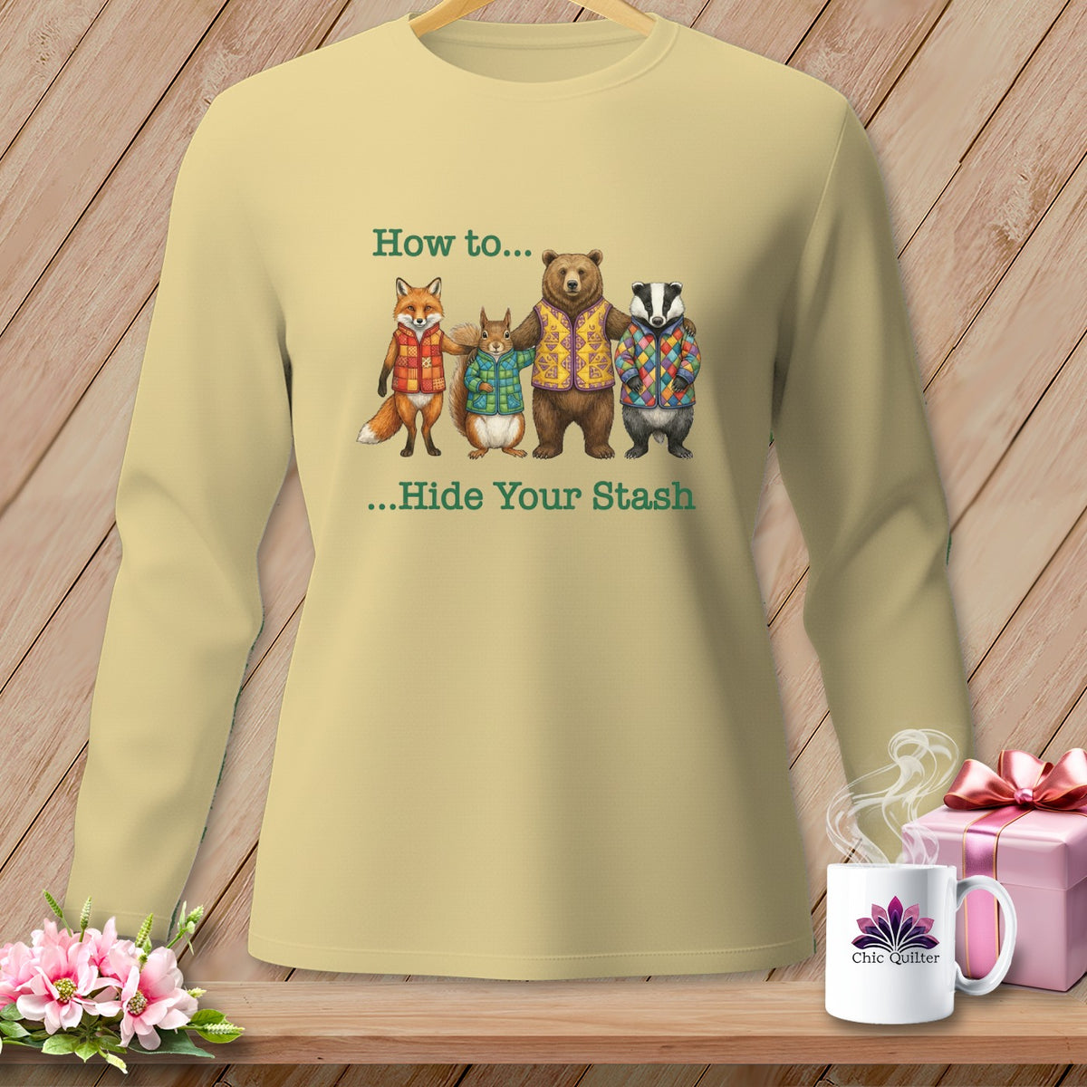 Light yellow sweatshirt with fox, squirrel, bear, and badger wearing vests, text "How to... ...Hide Your Stash".