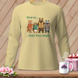Light yellow sweatshirt with fox, squirrel, bear, and badger wearing vests, text 