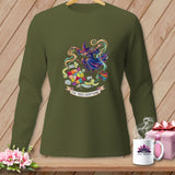 Green long-sleeved shirt with witch and quilt design: 