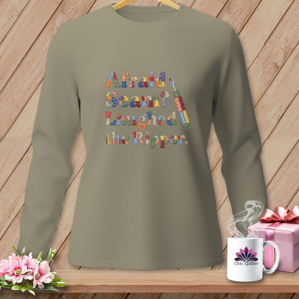 T-shirt with "Afraid Seam? Laughed the Ripper." text and a seam ripper graphic.