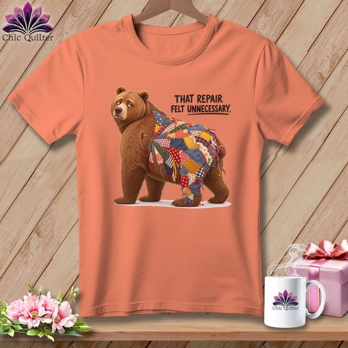 Bear wearing patchwork quilt with text "THAT REPAIR FELT UNNECESSARY."