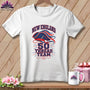 White t-shirt with a blue and red graphic featuring the text New England 50 Thread Team.
