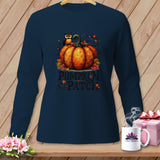 Navy long sleeve shirt with an owl on a pumpkin and 