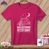 Pink t-shirt with white sewing machine graphic and text 