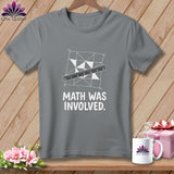 Grey t-shirt with geometric pattern, ruler, and text 
