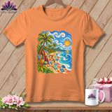 An orange short-sleeved t-shirt hangs against a wooden wall, featuring a colorful tropical beach scene with a quilt-patterned beach blanket.