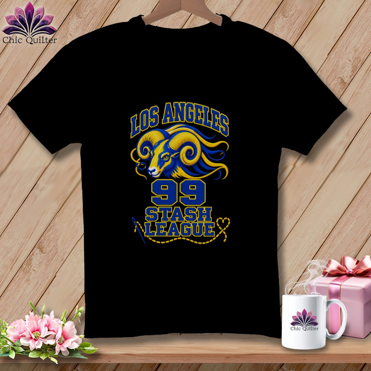 Black t-shirt featuring a blue and yellow ram graphic with text reading Los Angeles 99 Stash League.