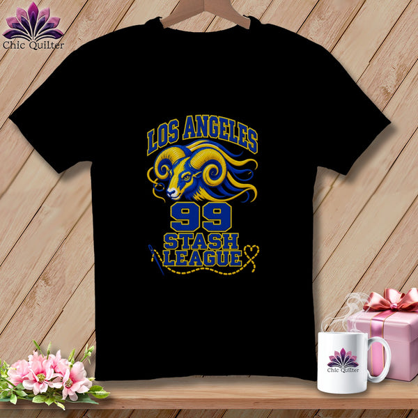 Black t-shirt featuring a blue and yellow ram graphic with text reading Los Angeles 99 Stash League.