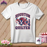 A white crewneck t-shirt featuring a red, white, and blue bull graphic with the text Houston Quilter and number 14.