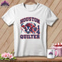 A white crewneck t-shirt featuring a red, white, and blue bull graphic with the text Houston Quilter and number 14.
