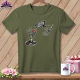 Olive green t-shirt with skeleton hands holding puzzle piece and 