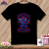Black t-shirt featuring a blue buffalo graphic with sewing elements and text reading Buffalo Sew Crew.