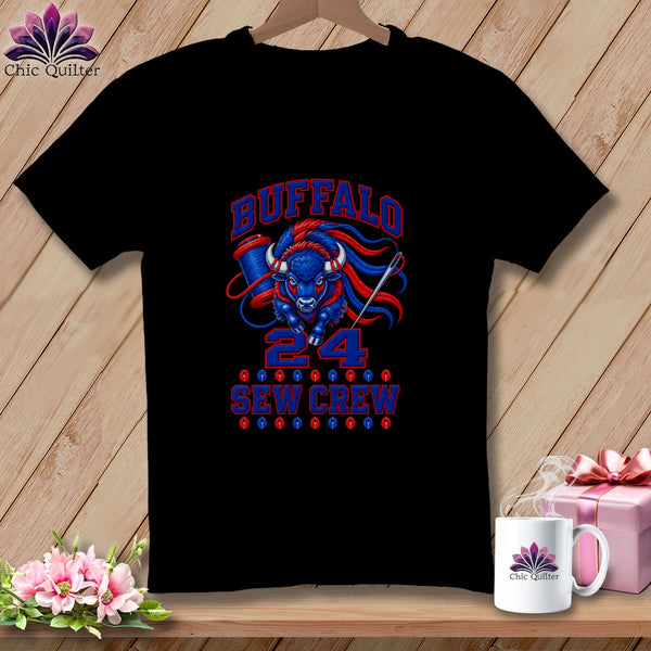 Black t-shirt featuring a blue buffalo graphic with sewing elements and text reading Buffalo Sew Crew.