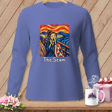Long sleeve shirt with Edvard Munch's The Scream, holding a quilt, text 