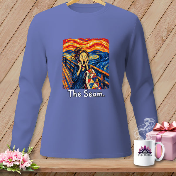 Long sleeve shirt with Edvard Munch's The Scream, holding a quilt, text "The Seam."