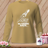 Tan long-sleeve shirt with rotary cutter on floral fabric and text 