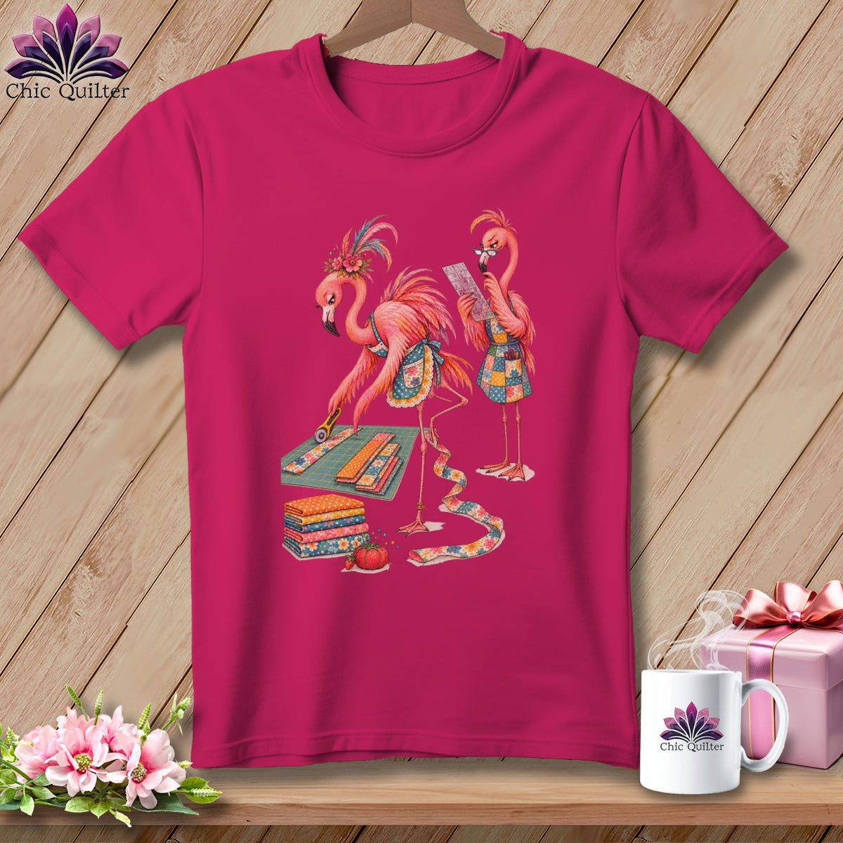 Two flamingos sewing fabric with a rotary cutter and ruler on a cutting mat.