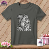 Dark gray t-shirt featuring a black and white sketch of a squirrel holding patterned quilt squares.