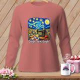 Long sleeve shirt with a sewing machine and sunflowers, inspired by Van Gogh's Starry Night.