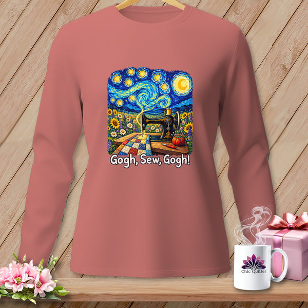 Long sleeve shirt with a sewing machine and sunflowers, inspired by Van Gogh's Starry Night.