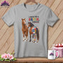 Two horses, one with a patchwork rear, on a gray t-shirt with text.
