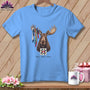 Light blue t-shirt with moose wearing patterned ribbons and quilt square, text "WELL. THAT'S NEW."