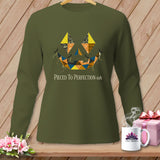 Green long-sleeve shirt with a patchwork jack-o'-lantern face design and text.