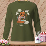 Green long-sleeve shirt with Halloween pumpkin and ghosts sewing. Text: 