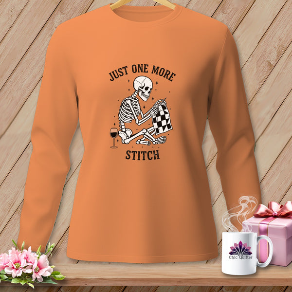 Orange long-sleeve shirt with skeleton sewing "Just One More Stitch."