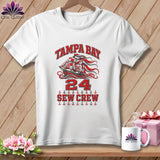 White t-shirt featuring Tampa Bay Sew Crew graphic with sailing ship, red text, and anchor motifs.