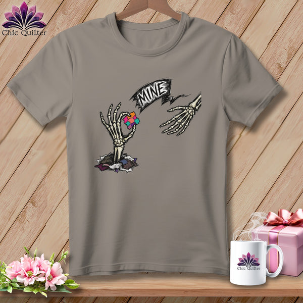 Skeleton hands reaching for a colorful patch square with "Mine" text.