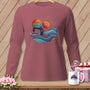 Long-sleeve shirt with sewing machine, sun, and fabric waves graphic.