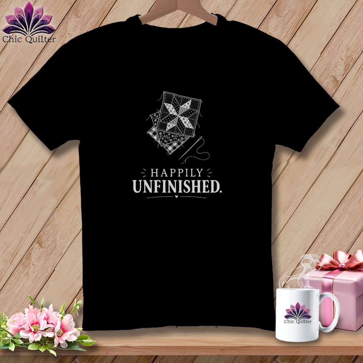 Black t-shirt with "Happily Unfinished" and quilt block design.