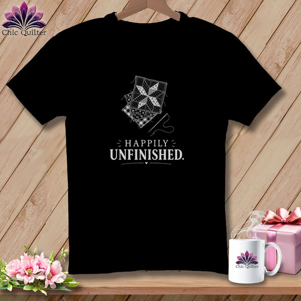 Black t-shirt with "Happily Unfinished" and quilt block design.