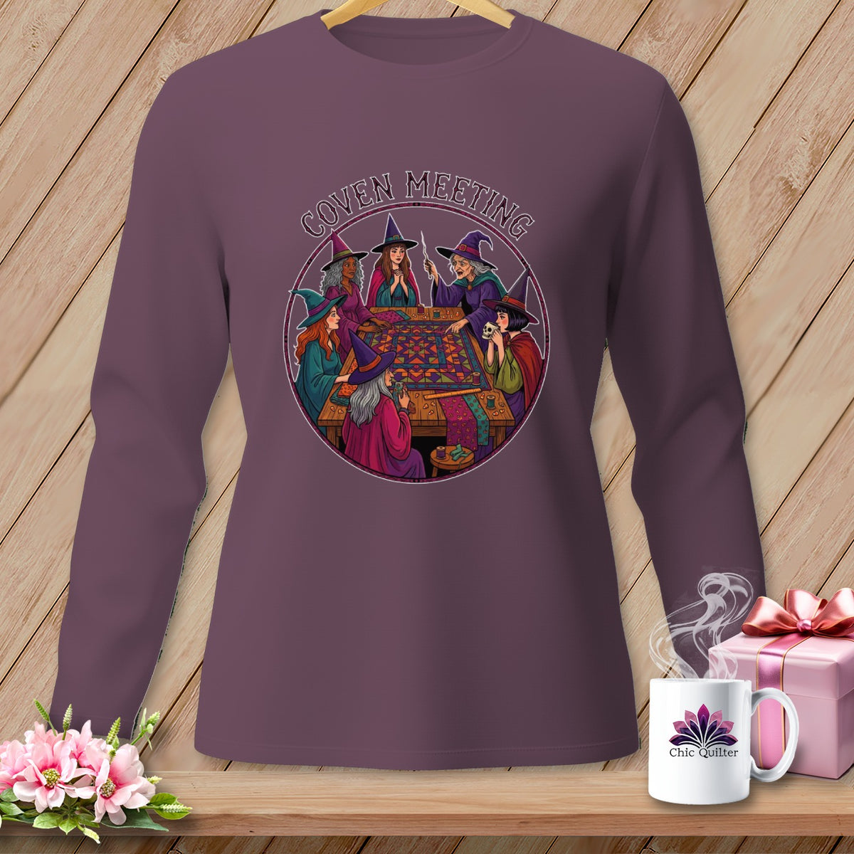 Witches around a table with "Coven Meeting" text above.