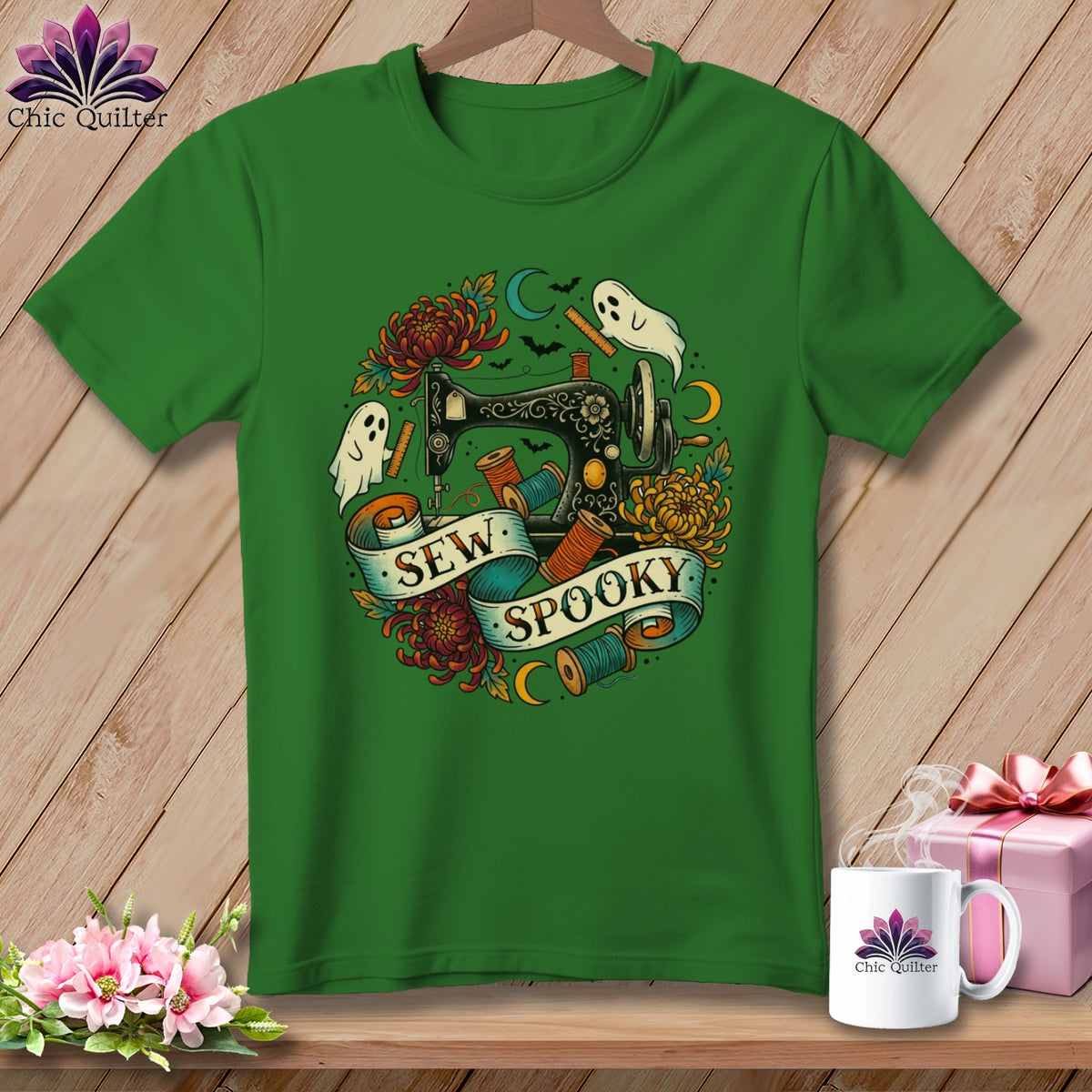 Green t-shirt with vintage sewing machine, ghosts, and "Sew Spooky" text.