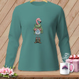 Teal long-sleeved shirt with a flamingo illustration holding a gift.