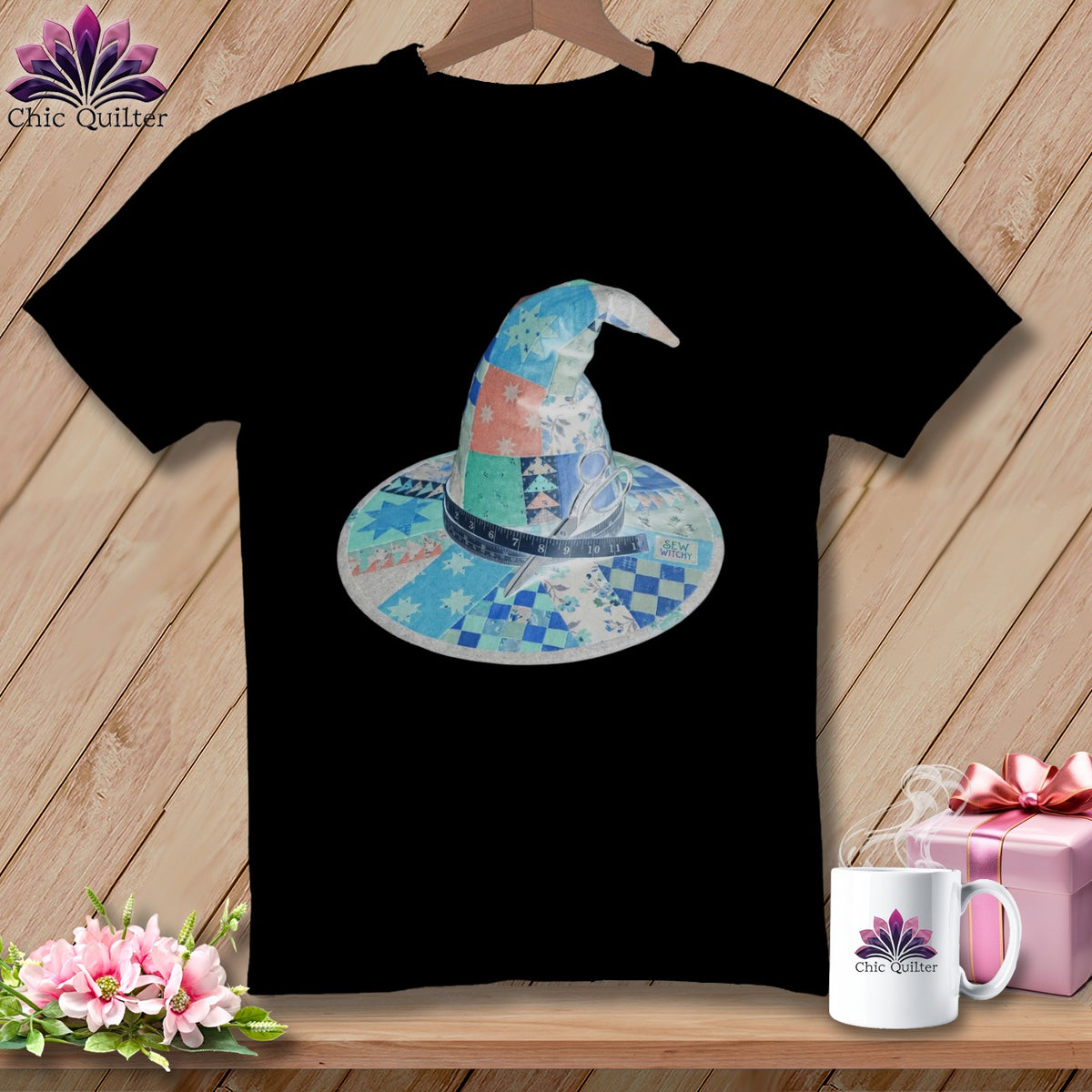 Black t-shirt featuring a patchwork witch hat with "Sew Witchy" text.