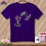 Purple t-shirt with skeleton hands and the word 