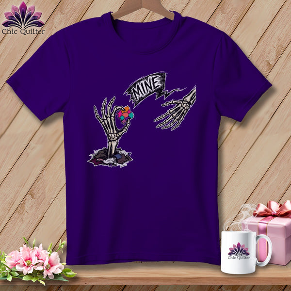 Purple t-shirt with skeleton hands and the word "MINE" graphic.
