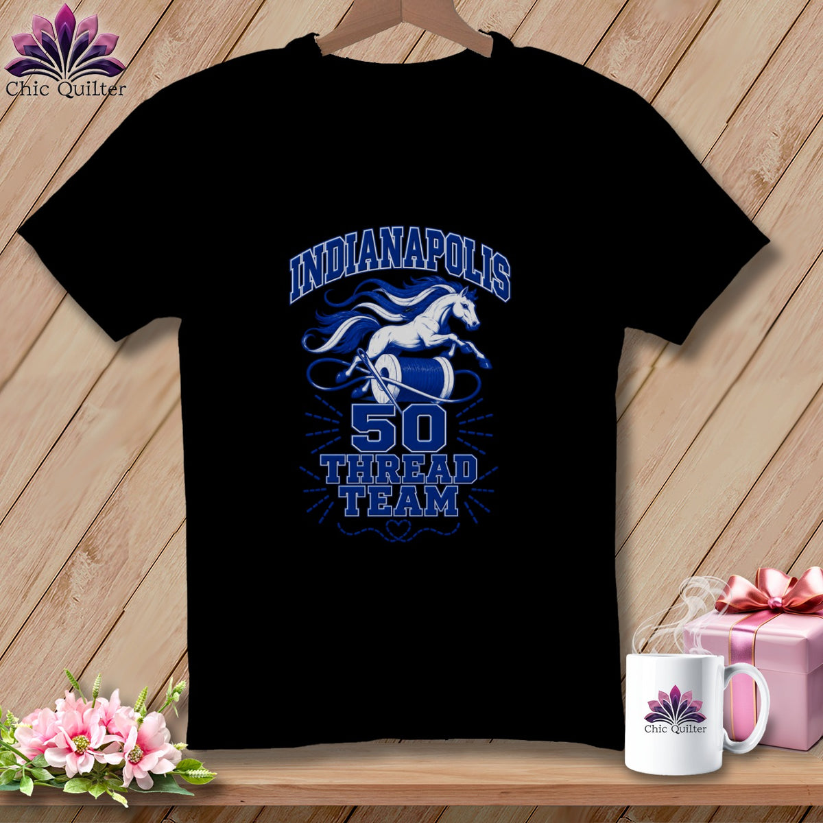Black t-shirt featuring a blue graphic with a horse, thread spool, and text that reads Indianapolis 50 Thread Team.