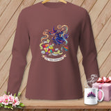 Long sleeve shirt with witch design, patchwork quilt, and text 