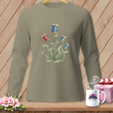 Long-sleeve shirt with watercolor spool of thread floral design and 