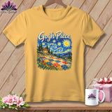 A mustard yellow crew neck t-shirt featuring a stylized Van Gogh painting and the text 