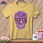 Yellow t-shirt with a purple patchwork skull graphic and text "Quilt 'Til You Drop".