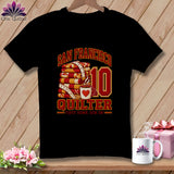 A black t-shirt with a graphic reading San Francisco Quilter First Down Sew On with stacked quilts, a coffee mug, and the number ten.